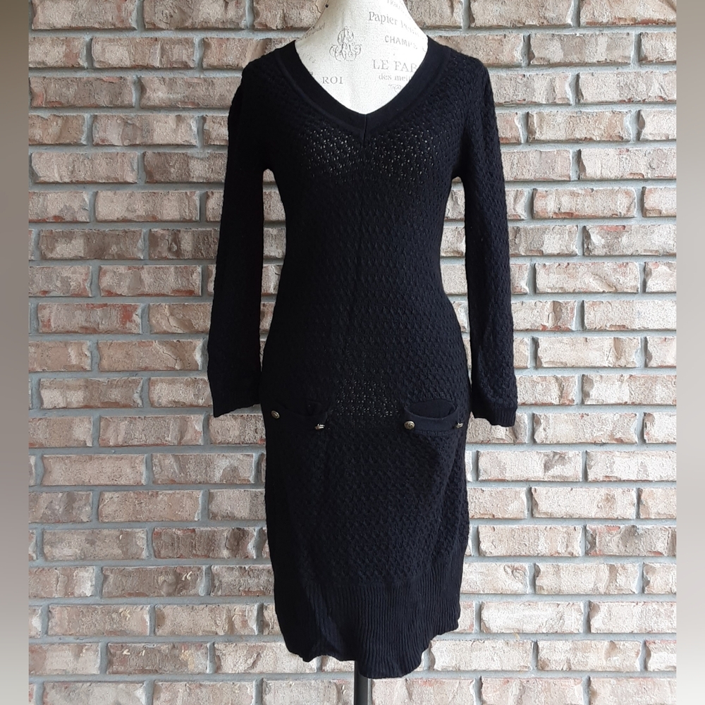 Tibi New York Black Knit Wool Cashmere Blend Stretch Long Sleeve Dress.